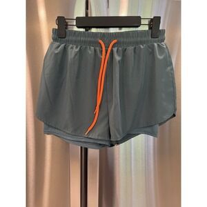 Women's Running Shorts L Teal Blue Neon Orange Drawstring Athletic Lined